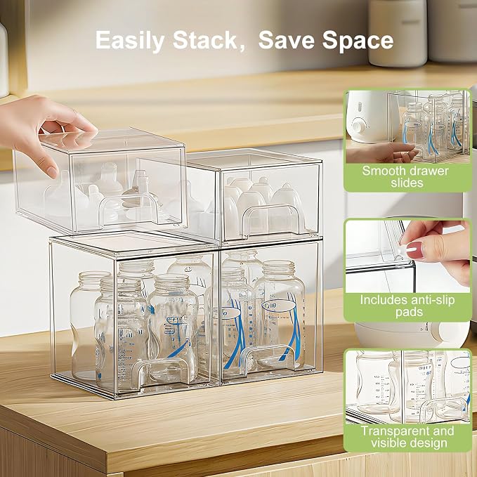 Baby Bottle Storage Organizer: Clear Stackable Storage Drawers, Acrylic Bottles Station Organizer Container for Countertop, Vanity, Bathroom, Cabinet Organization - 4 Pack - Image 5
