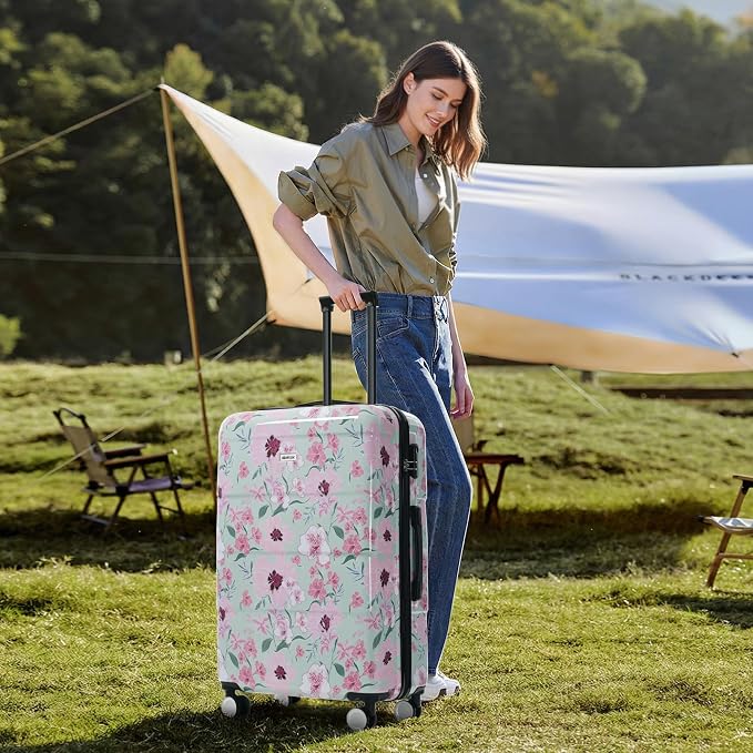 Merax Luggage Set,5 Piece Luggage with Handbag and Cosmetic Case | Hardside Printing Suitcase with Wheels,Carry on Luggage Airline Approved(Green Pink Flower,8/14/20/24/28) - Image 8