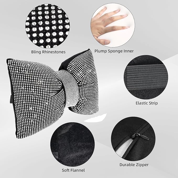 4 PCS Bling Car Pillows,Rhinestones Bowknot Car Headrest Pillow,White | Car Neck Pillow for Driver Relax Neck Support,Sleeping Travel Support Neck Pillow,Diamond Interior Accessories for Women - Image 6