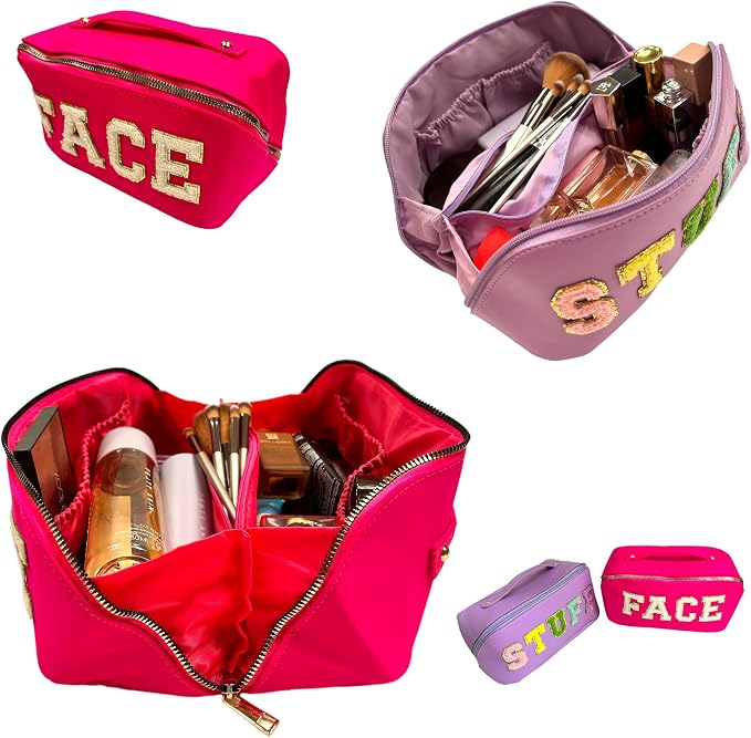 Chenille Letter Bags for Makeup- 2Pcs Set Face & Stuff Large Capacity Preppy Bags for Travel, Lay Flat Nylon & PU Leather Cosmetics Toiletry Makeup Bags (Hot Pink + Purple) - Image 6