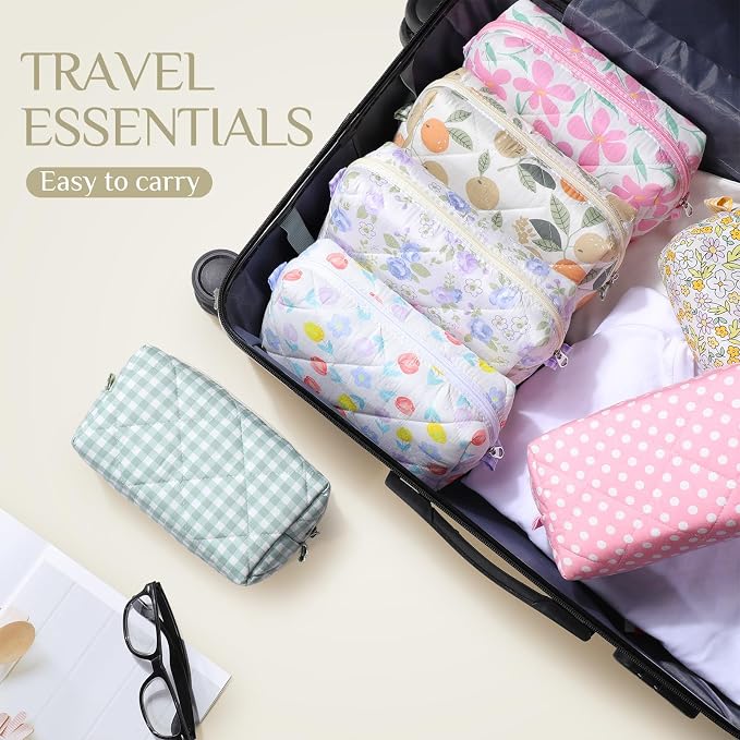 Paterr 10 Pcs Quilted Makeup Bag Bulk Cotton Floral Cosmetic Bag Women Girls Bridesmaid Gifts Cute Makeup Pouch Coquette Aesthetic Travel Toiletry Organizer(Gingham Floral,7.87 x 4.72 x 3.15 Inches) - Image 5