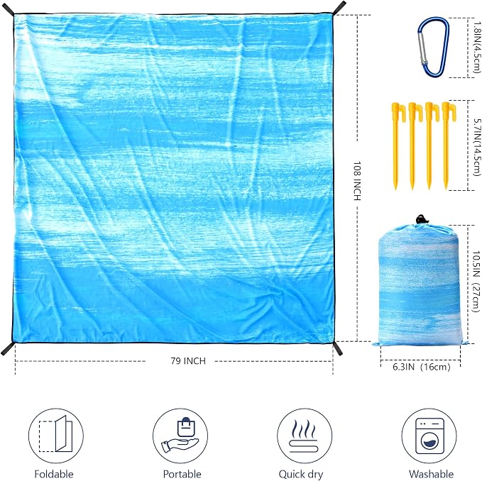 WIWIGO Beach Blanket Waterproof Sandproof Beach Mat 79" X 83"/10'x9'for 2-8 Adults Quick Drying Outdoor Picnic Mat Beach Accessories for Travel, Camping, Hiking - Image 2