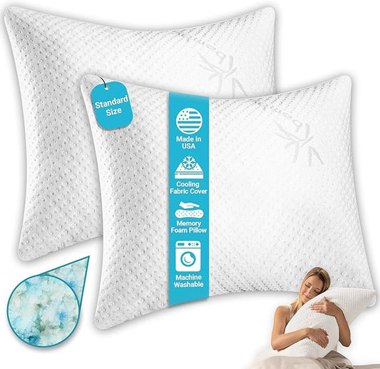 Xtreme Comforts 2-Pack Memory Foam Pillows Made in The USA - Standard Size, Slim Cooling Pillow for Sleeping on Side, Back & Stomach - Firm and Soft Bed Pillows