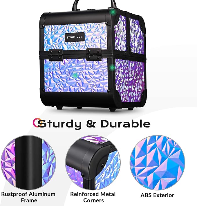 BYOOTIQUE Mini Makeup Train Case with Mirror 2 Tier Trays Box Makeup Artist | Aluminum Portable Travel Makeup Case Organizer Box Lockable Suitcase Cosmetic Storage Hairstylist Nail Tech Mermaid Purple - Image 5