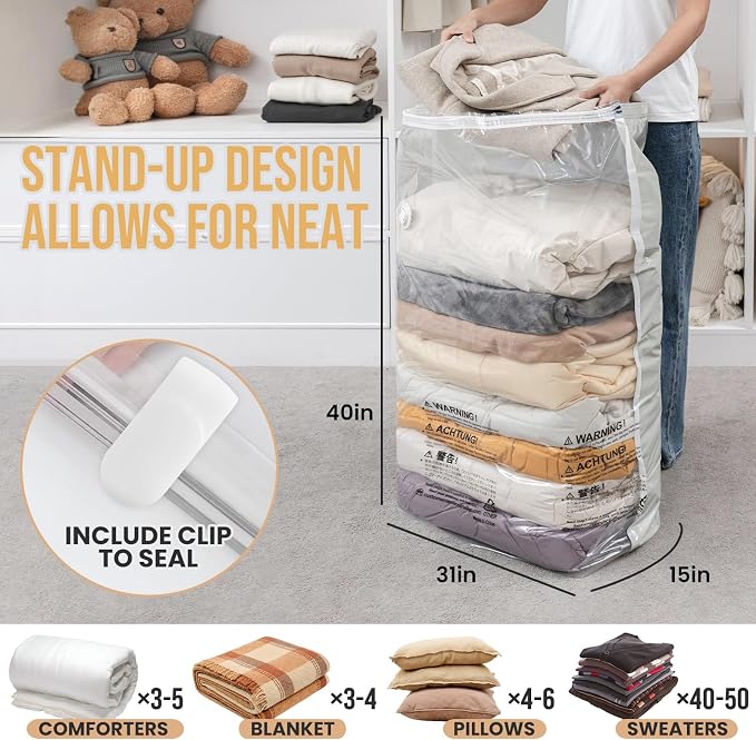 TAILI Vacuum Storage Bags 4 Pack, Jumbo Cube (31x40x15 Inch), Extra Large Vacuum Seal Bags for Clothing, Comforters, Blankets, Pillow, Bedding, Sweater, No Pump Compression Cube, Cream - Image 2