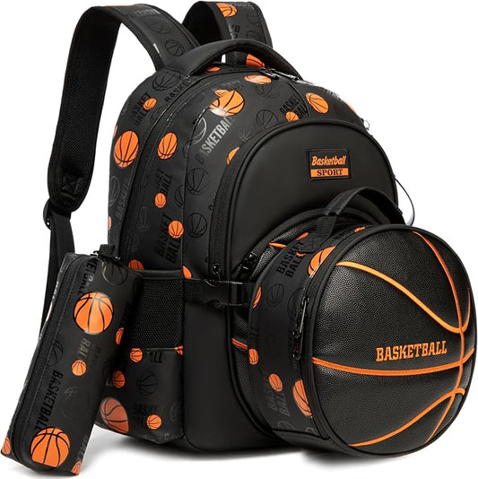 Boys' School Backpack with Lunch Box and Pencil Case - Ideal for Teens and Middle School Students, Black Basketball by MYHSBYO