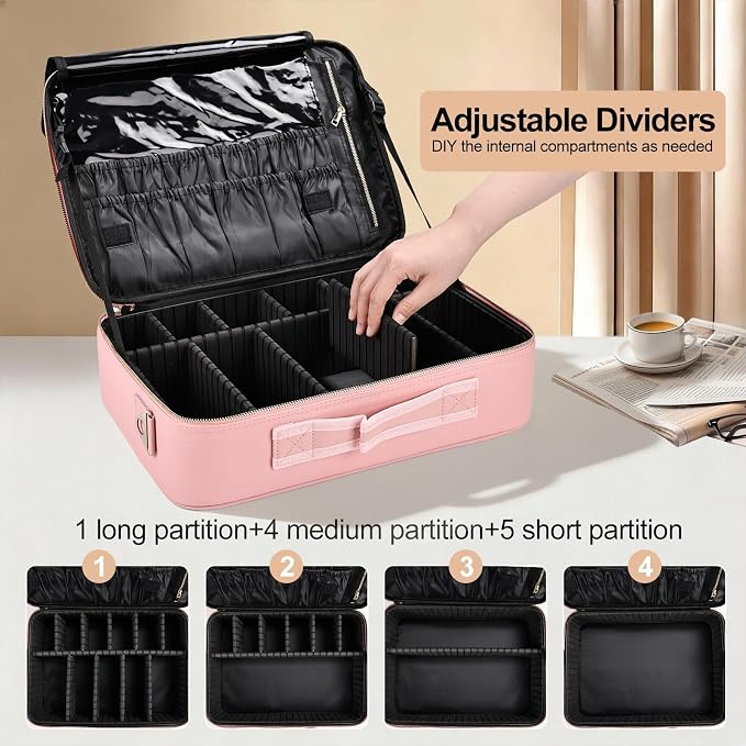 Travel Makeup Bag with Brush Holder, Professional Cosmetic Train Case Organizer, Portable Travel Makeup Brush Carry Case Artist Storage Box with Adjustable Dividers and Shoulder Strap, Leather Pink - Image 5