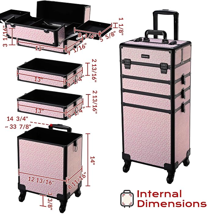 BYOOTIQUE Rolling Makeup Case 4in1 Cosmetology case on wheels Makeup Artist | Aluminum Rolling Makeup Suitcase with 360° Detachable Wheel Lockable 54Lb Large Capacity Organizer Nail Tech AD Bloom - Image 9