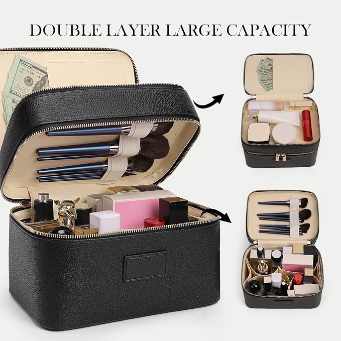 HiTotes Large Makeup Bag Duo Vanity Case for Women Leather Makeup Case Travel Toiletry Bag Portable Double Layer Cosmetic Bag - Image 3