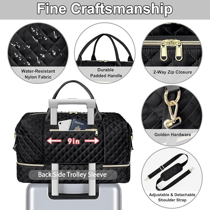 Graduation Birthday Gift for Her, Personalized Initial Weekender Bag for Women 45L Travel Duffle Carry On Quilted, 3PCS Overnight with Cosmetic & Toiletry Bag, Shoe Compartment, Gym Dance Bag for Girl - Image 4