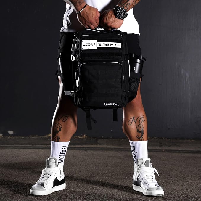 WOLFpak 35L Tactical Gym Backpack (Alpha Black White Accents) Durable 1000D Waterproof Oxford Material with MOLLE Webbing, Laptop Pocket & Dual Cup Holders, Durable Fitness/Travel/Military Daypack - Image 8