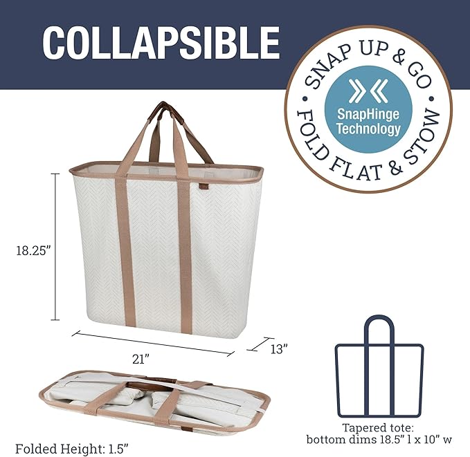 CleverMade LUXE Collapsible Laundry Caddy, 64L, 2 Pack, Cream Herringbone | Refined fabric and vegan leather details suit open rooms. The structured frame carries 2 loads and folds flat for storage. - Image 2