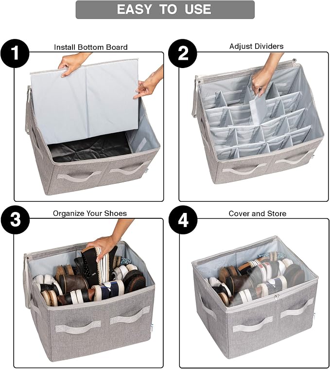 Moteph Shoe Organizer Closet Storage Solution with Clear Cover & Adjustable Dividers for Shoes, Handbags, Blankets, Linen, Clothing (Medium - 16 Pairs, Grey) - Image 2