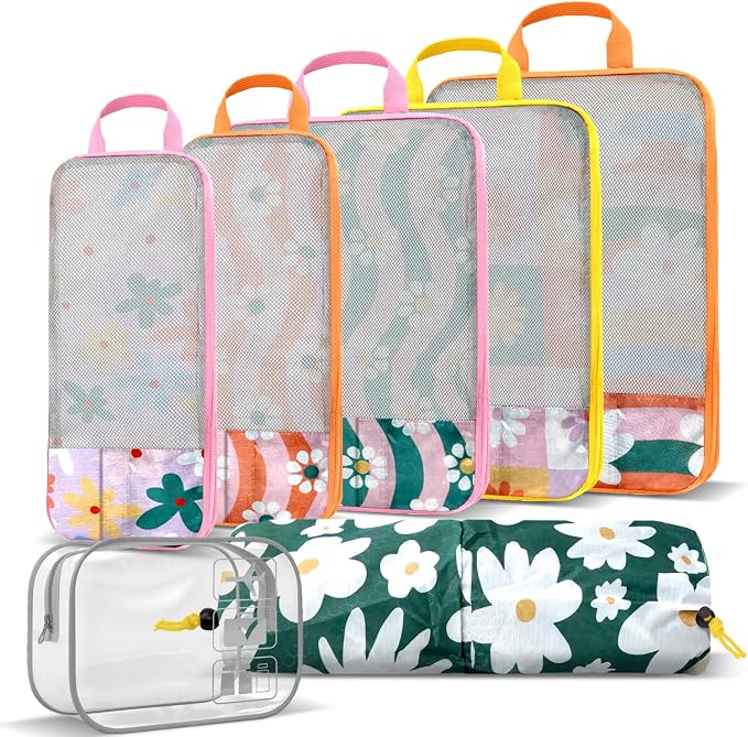 Colored Flower Compression Packing Cube Kit 7 Piece | Quick-Dry, Breathable Mesh, Carry-On Compatible Travel Essentials for Clothes, Shoes, Cosmetics & Toiletries, Multi - Image 2