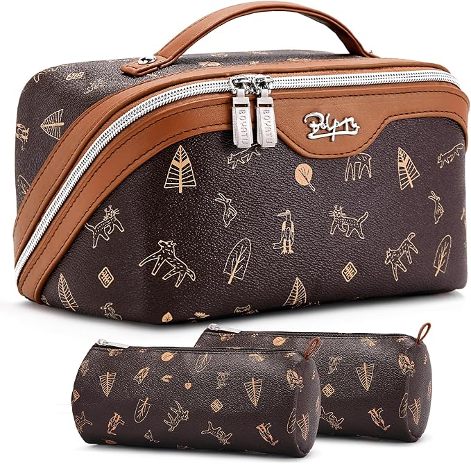 BOYATU Travel Makeup Bag Cosmetic Bags for Women: 3 Pcs Set Portable Make up Bag with Handle - PU Leather Toiletry Bags with Compartments - Makeup Organizer for Travel Essentials(L-1-Brown) by BOYATU