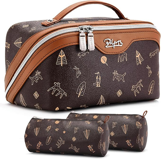 BOYATU Travel Makeup Bag Cosmetic Bags for Women: 3 Pcs Set Portable Make up Bag with Handle - PU Leather Toiletry Bags with Compartments - Makeup Organizer for Travel Essentials(L-1-Brown) by BOYATU
