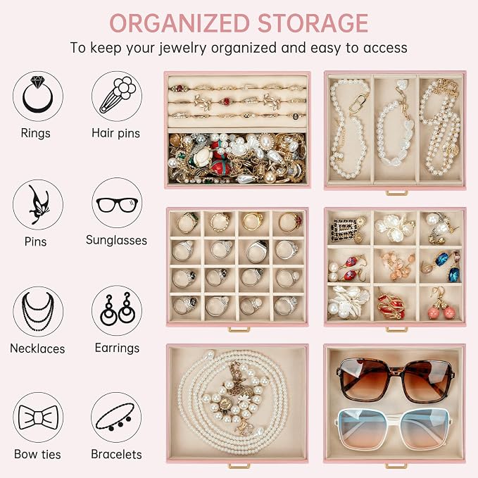 AKOZLIN 6-Tier Jewelry Box Organizer Functional 5 Drawers Leather Jewelry Storage Case for Women Girls Ring Necklace Earring Bracelet Holder Organizer with Mirror Medium Pink - Image 6