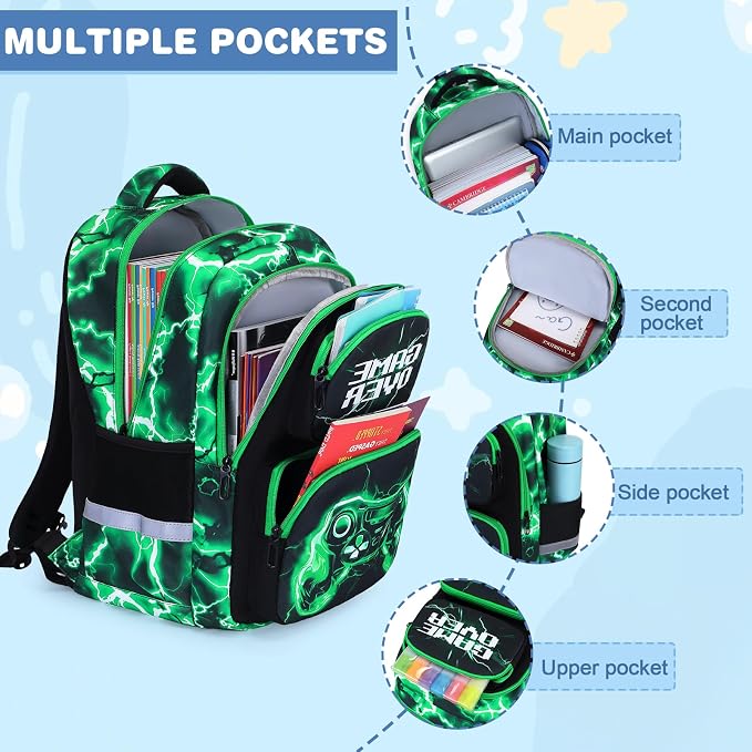 Bevalsa Backpack for Boys, School Bags for Kids, Bookbag for Boys Children Teens Backpacks for Elementary Middle High School Student, Bookbag Set with Lunch Bag & Pencil Case (Green Lightning) - Image 3