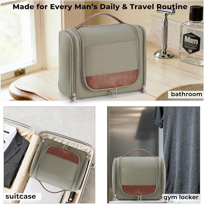 Ralnitote Large Hanging Toiletry Bag for Men, Travel Bathroom Bag with Hook, Hygiene Bag Organizer for Shower, Shaving & Grooming Essentials, Green - Image 5