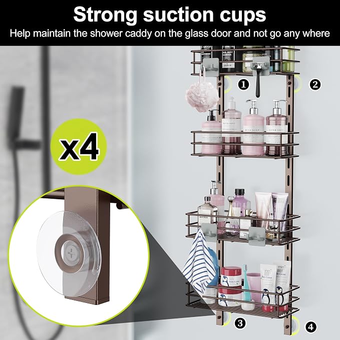 Orimade Over the Door Shower Caddy Adjustable 5 Tier Bronze,Bathroom Hanging Organizer Shelf Rustproof with 4 Hooks,Shower Basket with Soap Holder and Suction Cup - Image 2