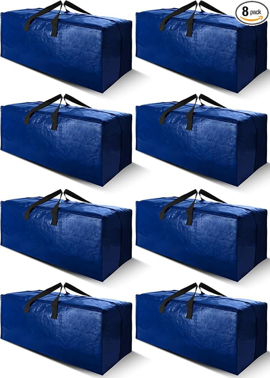 Cosy Family 8 Pack Heavy Duty Extra Large Moving Bags with Backpack Straps - Strong Handles & Zippers, Storage Totes For Space Saving, Fold Flat, Alternative to Moving Box (40 gal, Blue) by Cosy+Family