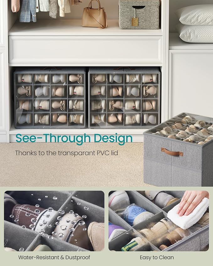 SONGMICS Shoe Organizers for Closet, Pack 2 Shoe Storage Bins, Fits 32 Pairs, Fabric Containers with Handles and Clear Cover, Adjustable Dividers, Customizable, Dove Gray ULSP556G01 - Image 3