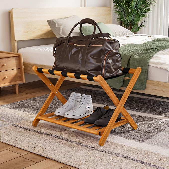 Smuxee Fully Assembled Honey Luggage Rack, Upgraded Bamboo Foldable Suitcase Stand with 5 Nylon Straps, Luggage Holder with Shelf for Guest Room Bedroom Hotel - Image 7