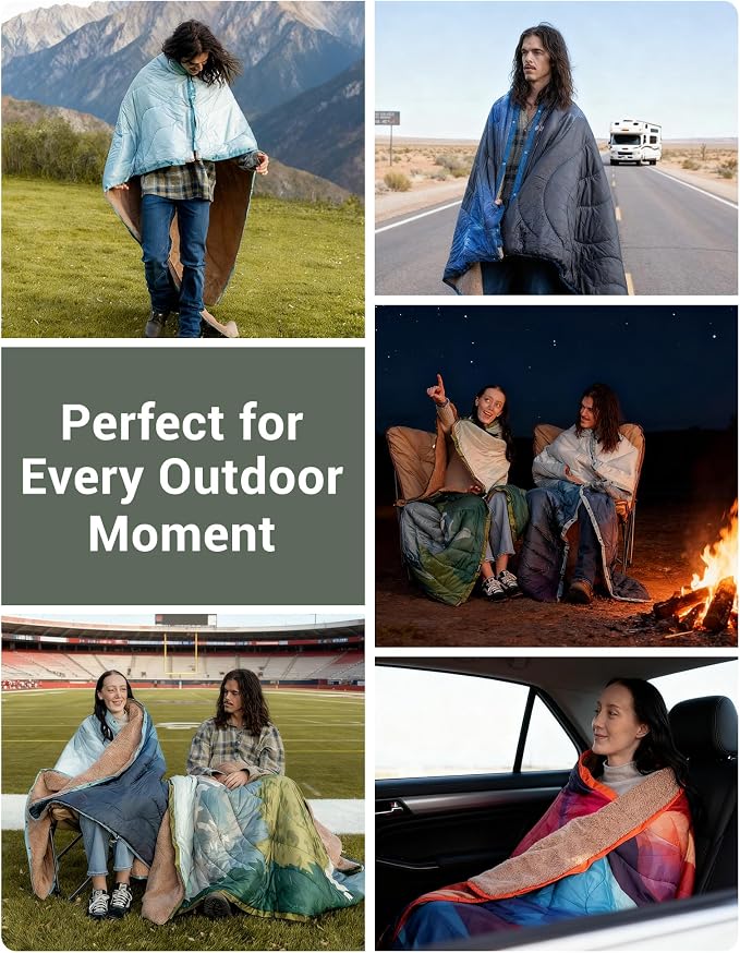 KingCamp Large Camping Blanket with Sherpa Lining, Packable Down Alternative Puffy Printed Wearable Blanket with Snap Buttons, Warm Weatherproof Quilt for Outdoor Travel (79" L x 57" W, Green) - Image 7