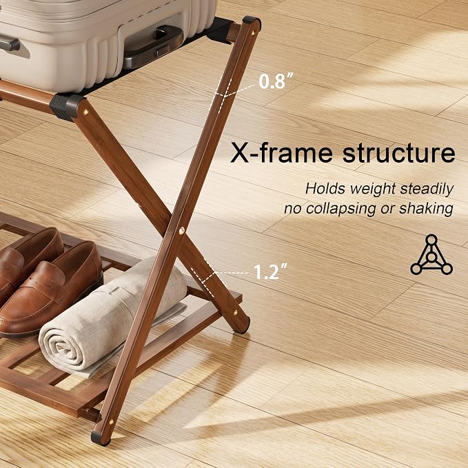 Fully Assembled Luggage Rack for Guest Room, Bamboo Suitcase Stand with Foldable Storage Shelf, Crossed Nylon Straps Folding Luggage Holder for Bedroom and Hotel, Walnut - Image 9