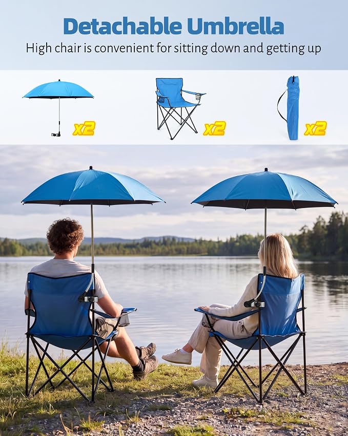 HaSteeL 2PCS Camping Chairs with Detachable Umbrella, Folding Beach Chair for Adults, Large Portable Foldable Chair for Outdoors Fishing Hiking Travel Picnic Lawn, Supports 275lbs, Storage Bags, Blue - Image 3