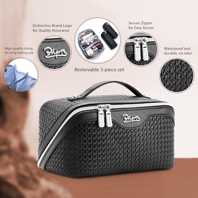 BOYATU Travel Makeup Bags for Women: Large Capacity Make up Bag with Wide Opening - 3 Pcs Set Waterproof Travel Toiletry Organizer for Full-Sized Bottles, Cosmetics & Brushes (Black-W) - Image 2