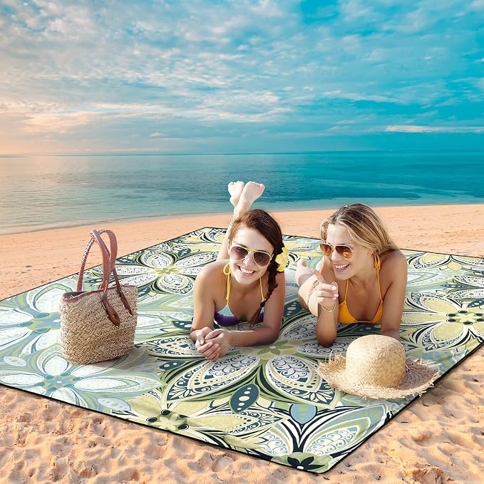 HIHOHO Beach Blanket Waterproof Sandproof Beach Mat for 1-8 Adults Quick Drying Durable Outdoor Picnic Mat for Beach Festival Travel Camping Hiking (Flourishing Blossom-Y&GN, 79"×83"(4 Person)) - Image 6