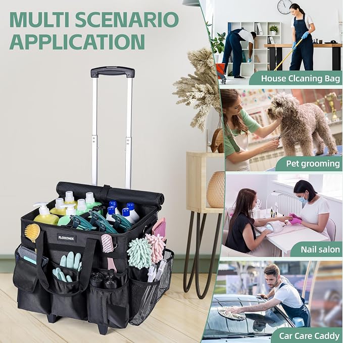 Large Rolling Cleaning Caddy Bag with Wheels, with Detachable Trolley, Cleaning Bags on Wheels for Housekeepers, Cleaning Cart Supplies Organizer for Home, Car, Picnic (Black) - Image 7