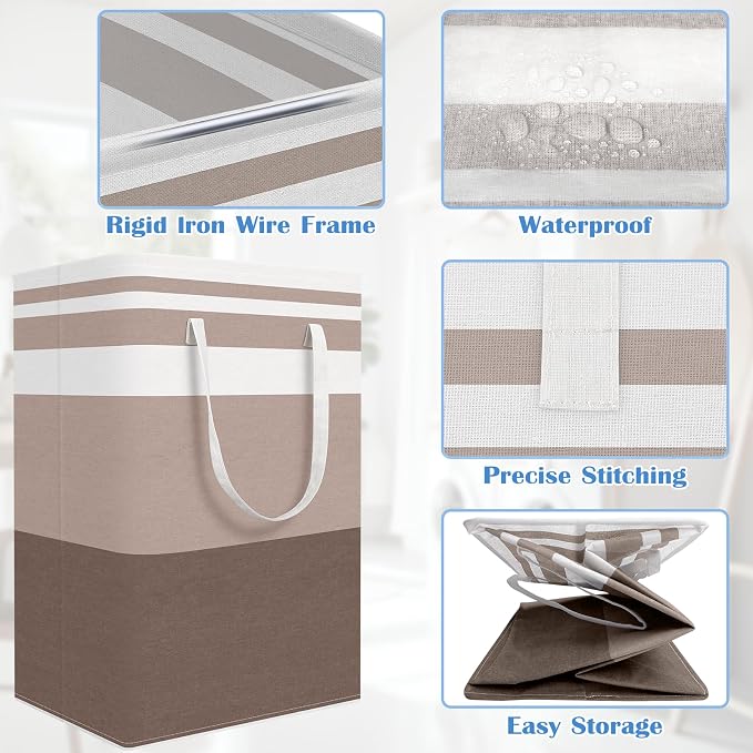 BlissTotes 3-Pack Laundry Basket, Freestanding＆Waterproof Laundry Hamper, Collapsible Tall Clothes Hamper with Easy Carry Handles for Clothes, Towels in the Family and Dorm,Gradient Khaki,88L - Image 4