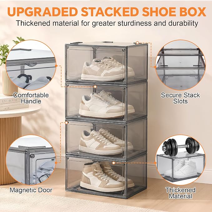 MMBABY 12 Pack Acrylic Shoe Boxes– Ultra Clear Plastic Stackable Sneaker Storage For Sneakerhead. Professional Grade Shoe Display Case with Magnetic Door.Fits US Size 15 (Grey-Side Open) - Image 9