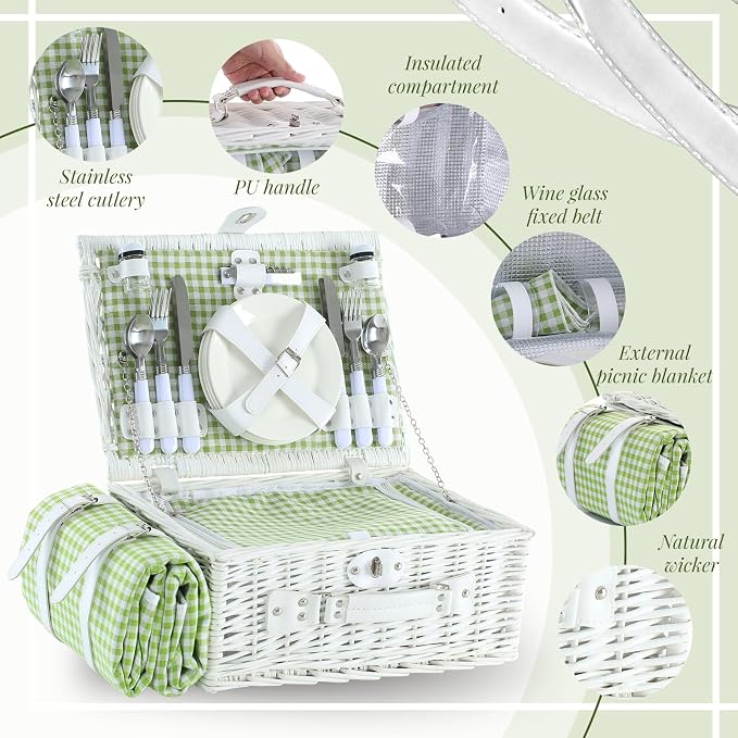 Picnic Basket Set for 4 with Waterproof Blanket Mat Insulation Bag Wicker White Green Plaid Classic Fresh Gift for Christmas Thanksgiving Wedding Birthday Camp Outdoor Beach Travel - Image 6