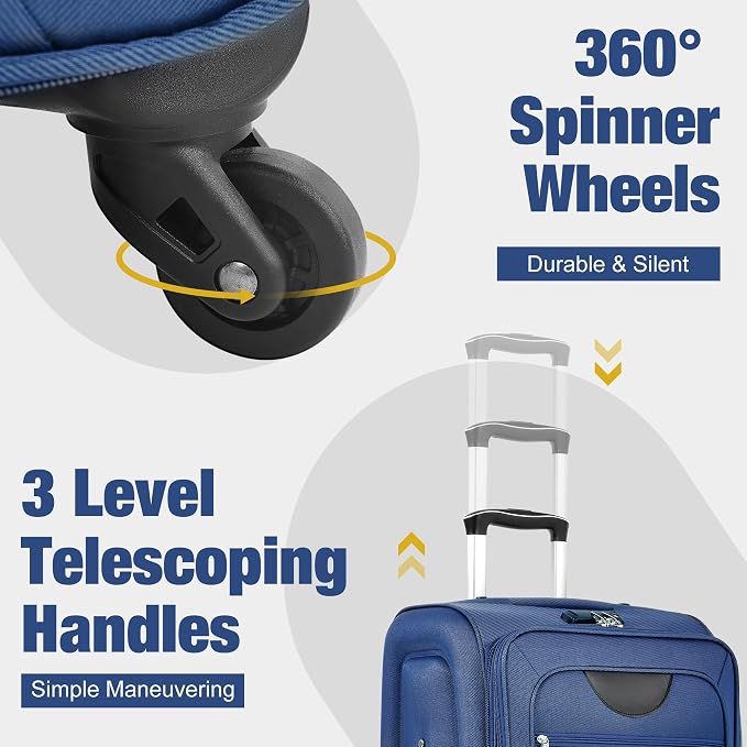 Merax Softside Luggage Set 3 Piece Suitcase with Duffel Bag Spinner Wheels | Lightweight Expandable Travel Luggage 22" 26" 30",Navy Blue - Image 5