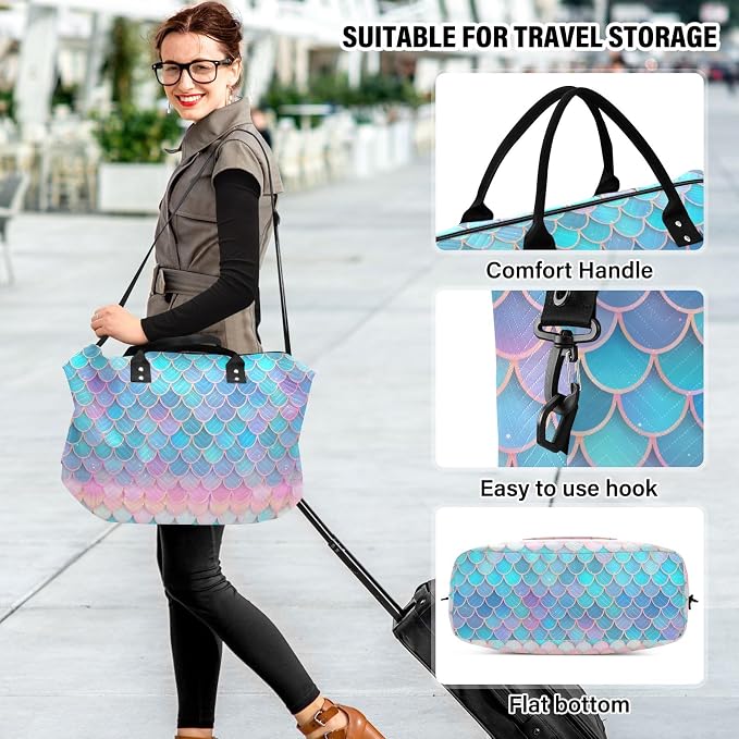 Weekender Bags Travel Duffel Gym Bag Carry on Overnight Tote Bag with Toiletry Bag for Airplane Travel Trip Gym Yoga (Fish Scales Mermaid) - Image 6