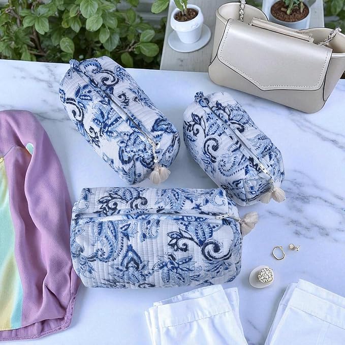 Quilted Floral Block Print Makeup Bag Set of 3 – Cotton Travel Toiletry and Makeup Organizer, Cosmetic Pouch, Toiletry Bag for Women, Cute Boho Coquette Make Up Bags for Women (Small, Medium, Large) - Image 7