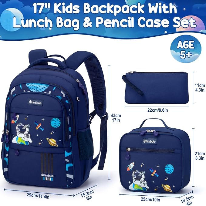 Fimibuke Kids Backpack for School Boys - 3 PCS Waterproof Teen Boy Backpack with Lunch Box & Pencil Pouch Set, School Bag Bookbag Daypack for Kindergarten Elementary Middle School, Age 5+(Space Blue) - Image 2