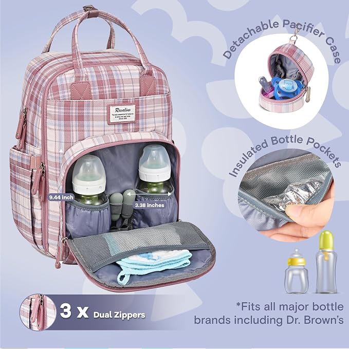 RUVALINO Diaper Bag Backpack, Multifunction Travel Pack Maternity Baby Changing Bags, Large Capacity, Waterproof, Pink Plaid - Image 2