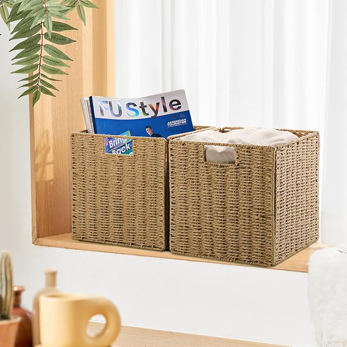 Vagusicc Wicker Storage Basket, Set of 2 Hand-Woven Wicker Basket, 11 inch Storage Baskets for Organizing and Decor, Foldable Cube Storage Organizer Bins Baskets for Shelves, Woven Basket, Natural - Image 3