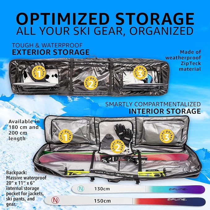 Zipline Ski Double Ski Bag with Wheels - Gear & Apparel Storage for Skiers - 180/200 cm Capacity - Durable & Waterproof - Proven Performance - 3 Yr Warranty - Ski & Snowboard Travel Bag - Image 3