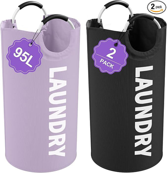 Set of 2 Collapsible Laundry Baskets with Aluminum Handles, 95L Large Laundry Baskets in 600D Oxford Fabric, Portable Dirty Clothes Hampers for Bedroom, Travel, Black + Purple by IHOMAGIC