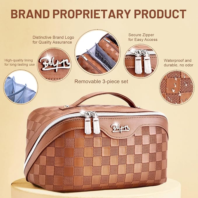 BOYATU Travel Makeup Bag Organizer: 3 Pcs Set Large Capacity Cosmetic Bags Holds 10–20 100ml Full-Size Bottles - 180°Open-Flat Make up Case 3-sec touch-up - Toiletry Bag Gift women (03-A-Brown) - Image 3