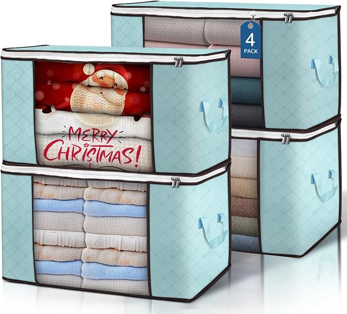 Budding Joy 90 L Large Storage Bags, 4 Pack Clothes Storage Bins Foldable Closet Organizer Storage Containers Storage and Organization for Clothes, Blanket, Comforters, Bed Sheets, Pillows (Blue) | Foldable Storage Containers, with Reinforced Handle, f... by BuddingJoy-BuildaJoyfulLifeforYou