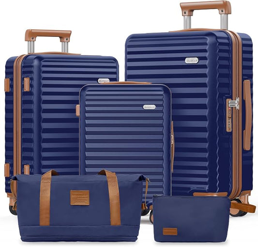 SHOWKOO Luggage Sets 3 Piece Hardside Expandable Suitcase with Double Spinner Wheels Tsa Lock, (Blue, 5 piece set) by SHOWKOO