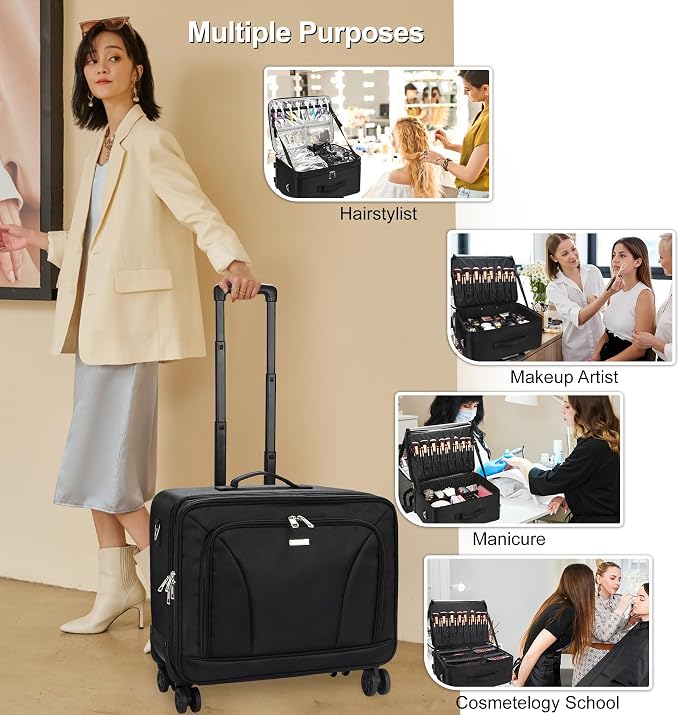 Relavel Extra Large Makeup Case Rolling Travel Train Case with 360° Spinner Wheels, 3 Layer with Insulation Compartment & Four Clear Storage Bags, Professional Makeup Artist Bag Set, Black - Image 4