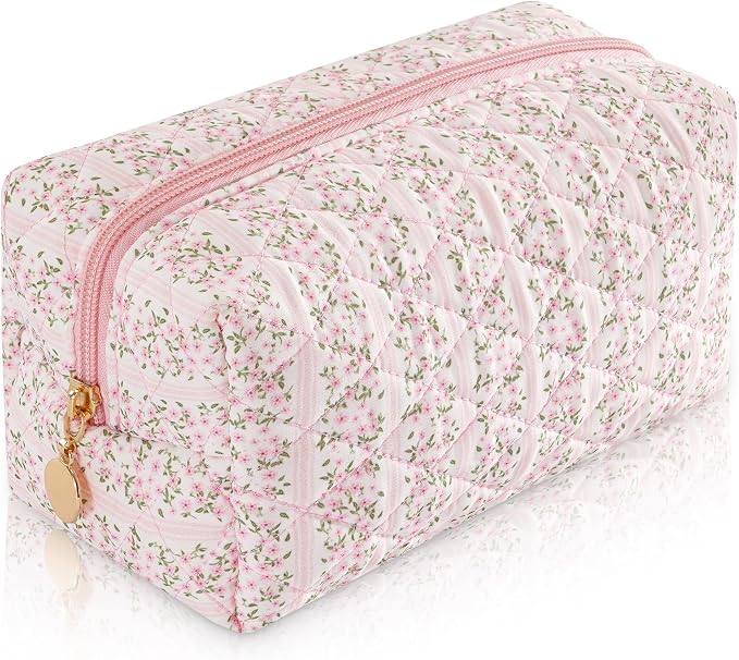 Makeup Bag Travel Toiletry Bag for Women, Small Cosmetic Bags Cute Quilted Cotton Makeup Pouch for Purse Emergency Bag Pencil Case Accessory Bag, Pastel Pink by Unknown