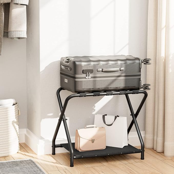 HOOBRO Luggage Rack, Folding Suitcase Stand with Fabric Storage Shelf for Guest Room, Bedroom, Hotel, Holds up to 100 lb, 27 x 15.3 x 22 Inches, Space Saving, Black BK04XL01 - Image 3